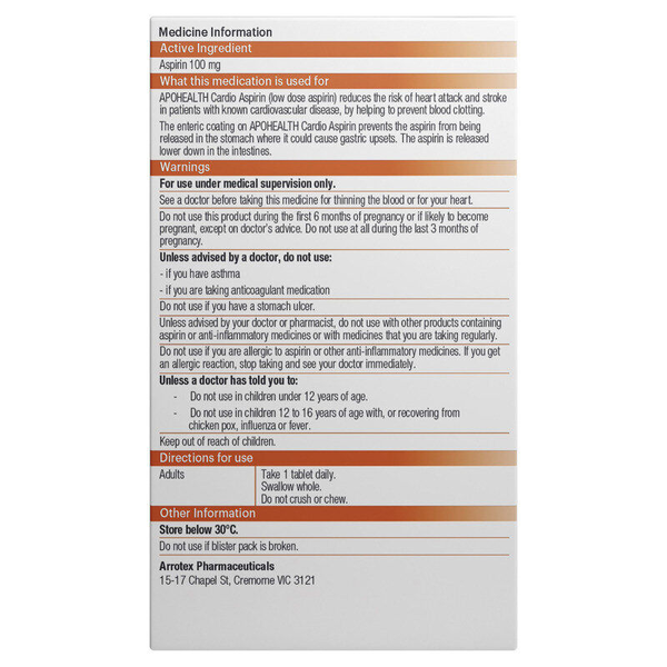 APH Cardio Aspirin 100mg 84 Enteric Coated Tablets