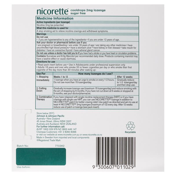 Nicorette Cooldrops Lozenge Icy Mint Regular Strength 2mg 4 x 20 (80) Lozenges