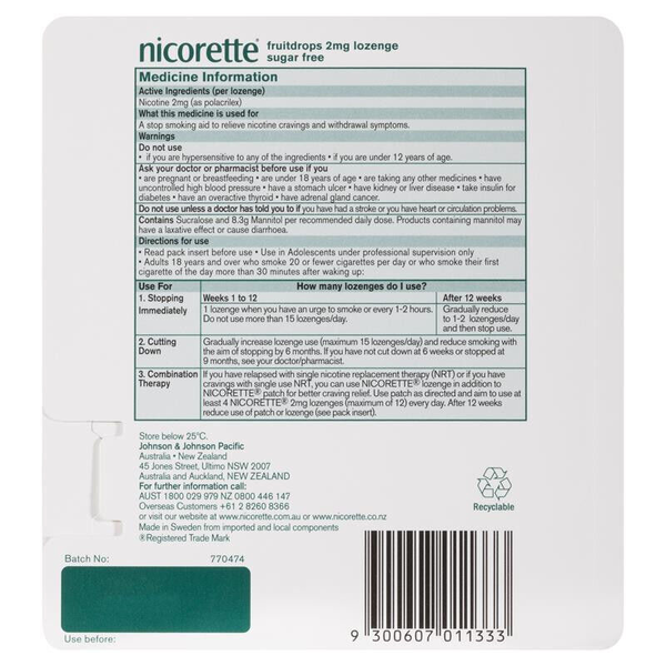 Nicorette Fruitdrops Lozenge Fruit Regular Strength 2mg 4 x 20 (80) Lozenges