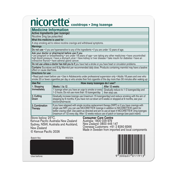 Nicorette Cooldrops Lozenge Icy Mint Regular Strength 2mg 4 x 40 (160) Lozenges