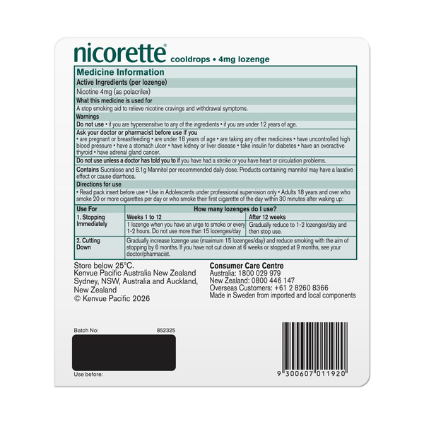 Nicorette Cooldrops Lozenge Icy Mint Extra Strength 4mg 4 x 40 (160) Lozenges
