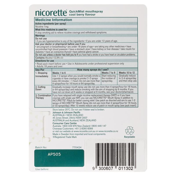 Nicorette QuickMist Mouth Spray Cool Berry 150 Sprays