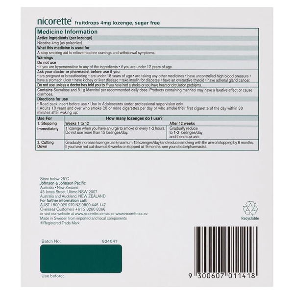 Nicorette Fruitdrops Lozenge Fruit Extra Strength 4mg 8 x 20 (160) Lozenges