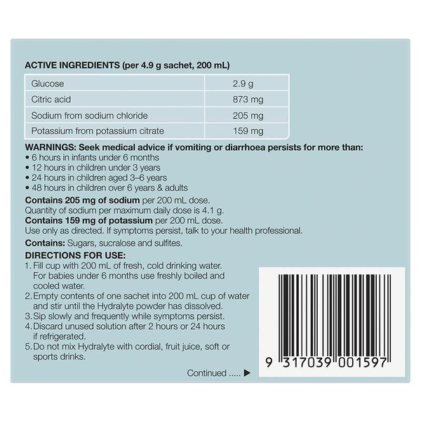 Hydralyte Colour Free Lemonade 10 Electrolyte Powder Sachets