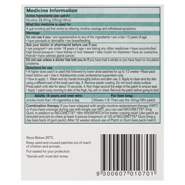 Nicorette 16hr Invisipatch Step 1 (25mg/16hr) 7 Semi Transparent Patches