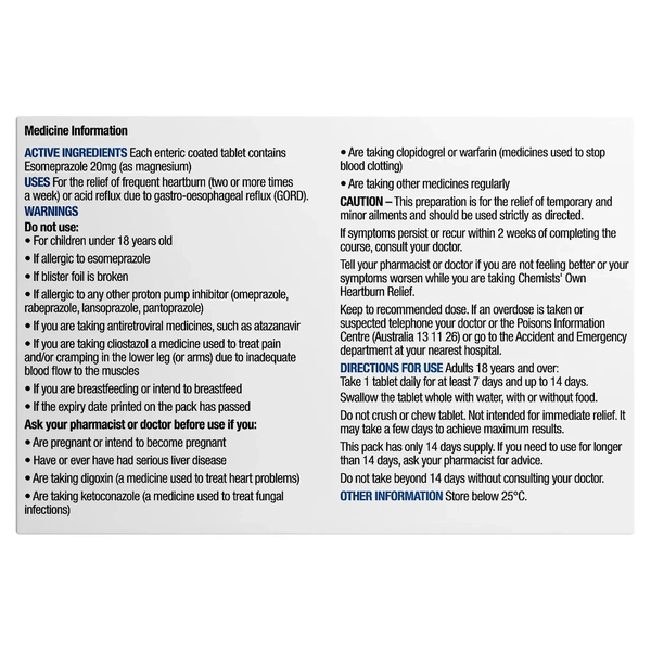 Chemists' Own Heartburn Relief Esomeprazole 20mg 14 Tablets Same as Nexium