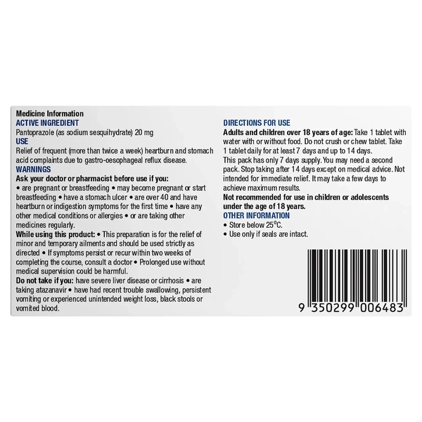 Chemists' Own Heartburn Relief Pantoprazole 20mg 7 Tablets Same as Somac