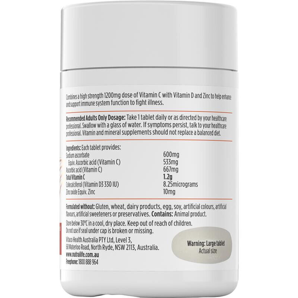 Nutra Life High Strength Vit C + Vit D + Zinc 1200mg Vitamin C 60 Tablets
