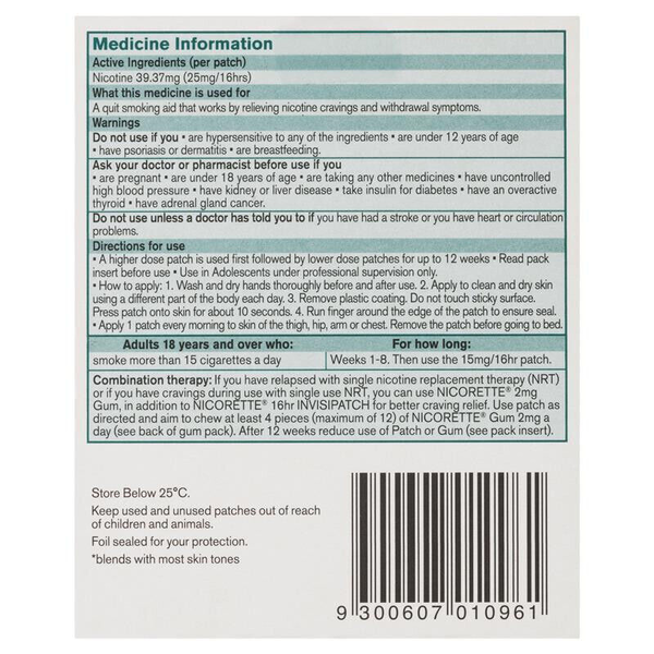 Nicorette 16hr Invisipatch Step 1 (25mg/16hr) 28 Semi Transparent Patches