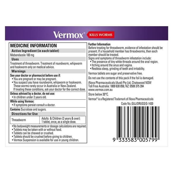 Vermox Choc Chews 6 Tablets