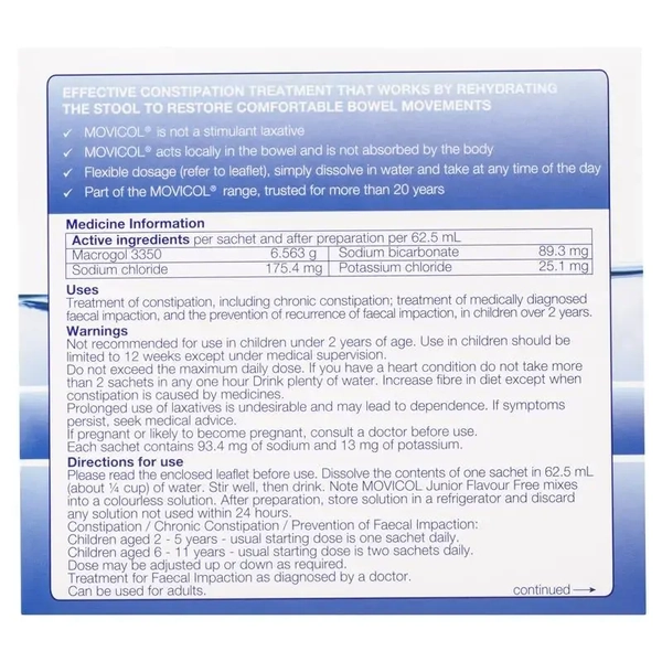 Movicol Junior Constipation Relief Powder Flavour Free 30 Sachets