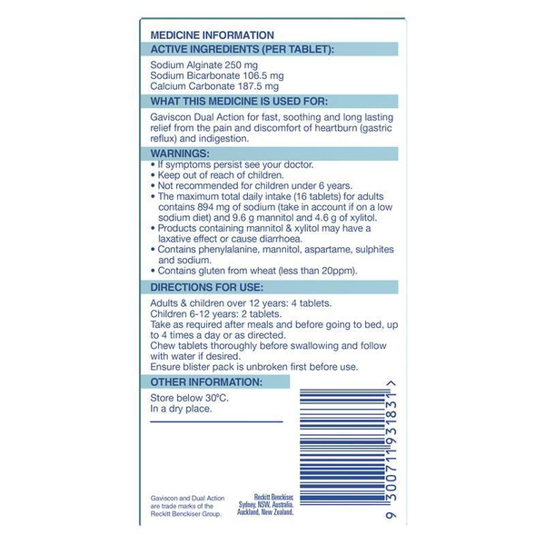 Gaviscon Dual Action Peppermint 32 Chewable Tablets 
