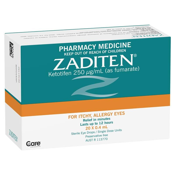 Zaditen Eye Drops 20 x 0.4ml Single Dose Unit For Itchy Allergy Eyes