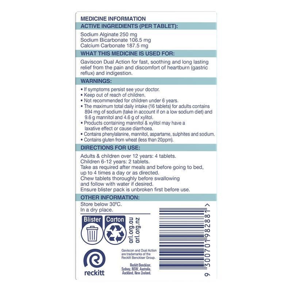 Gaviscon Dual Action Peppermint 16 Chewable Tablets 