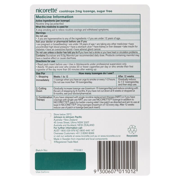 Nicorette Cooldrops Lozenge Icy Mint Regular Strength 2mg 20 Lozenges