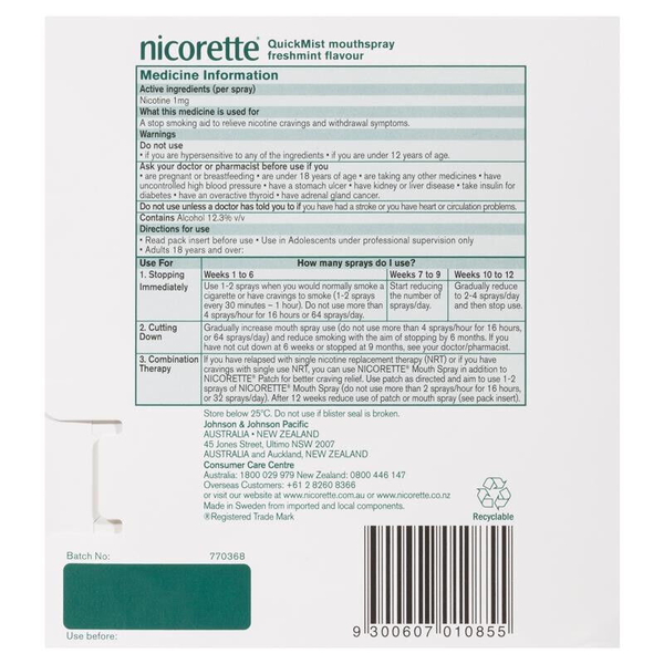 Nicorette QuickMist Mouth Spray Freshmint Duo Pack 2 x 150 Sprays