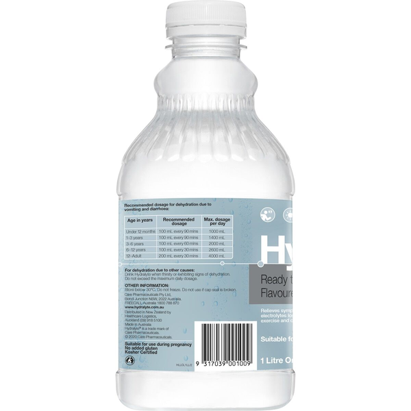 Hydralyte Ready To Use Colour Free Lemonade 1L Electrolyte Solution