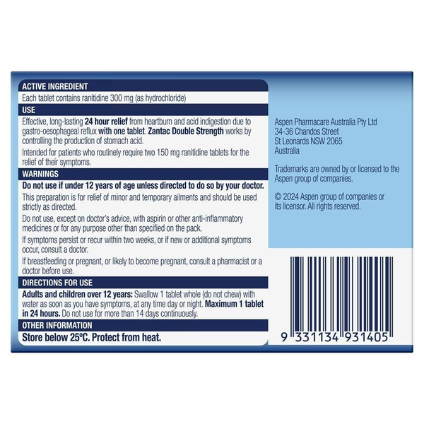 Zantac Double Strength 24 Hour 300mg 14 Tablets
