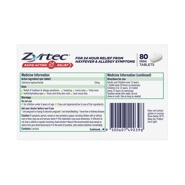 Zyrtec 10mg 80 Mini Tablets