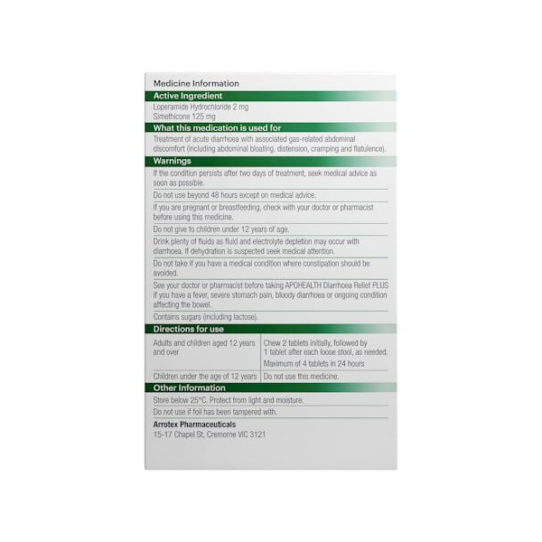 APH Diarrhoea Relief Plus 12 Chewable Tablets Same as Imodium Advanced