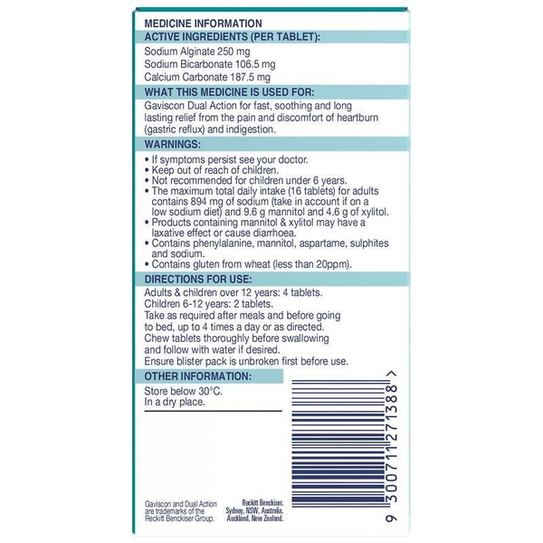 Gaviscon Dual Action Peppermint 48 Chewable Tablets 