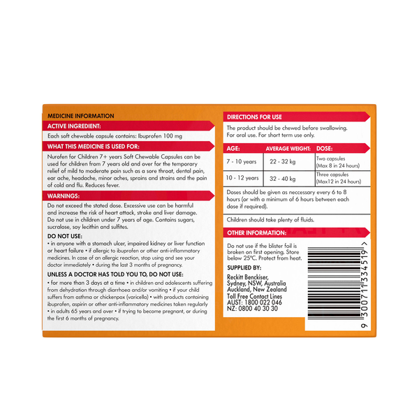Nurofen For Children 7+ Years Orange 12 Chewable Capsules