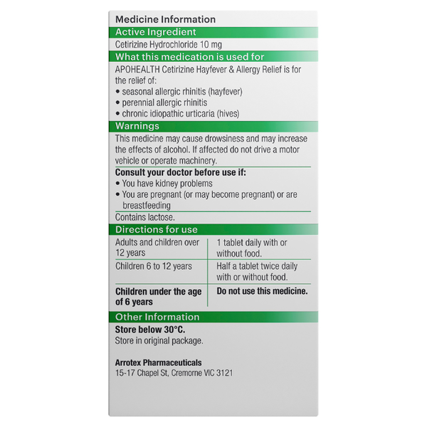 APH Cetirizine Hayfever & Allergy Relief 10 Tablets Same as Zyrtec