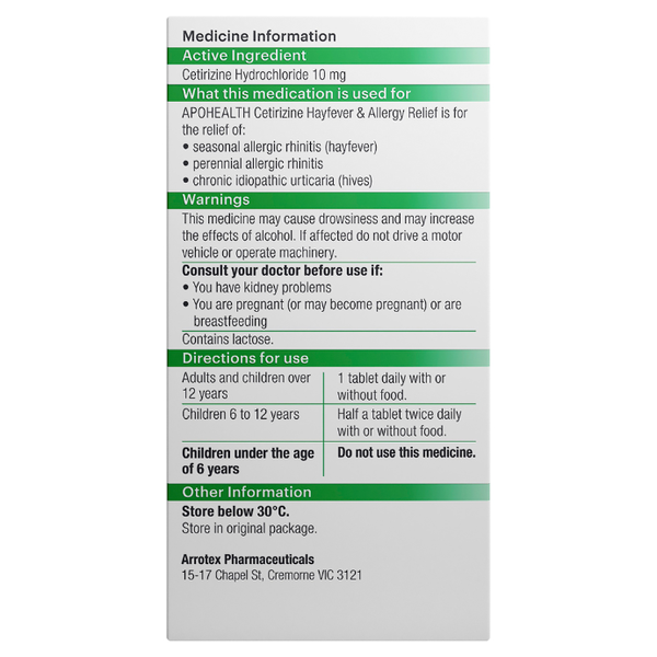 APH Cetirizine Hayfever & Allergy Relief 30 Tablets Same as Zyrtec