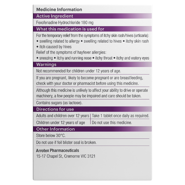 APH Fexofenadine 180 Hayfever & Allergy Relief 70 Tablets Same as Telfast
