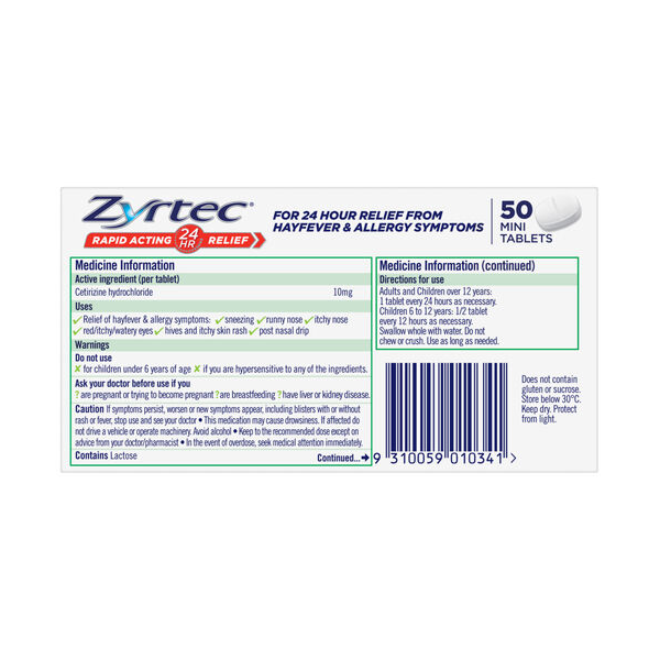 Zyrtec 10mg 50 Mini Tablets