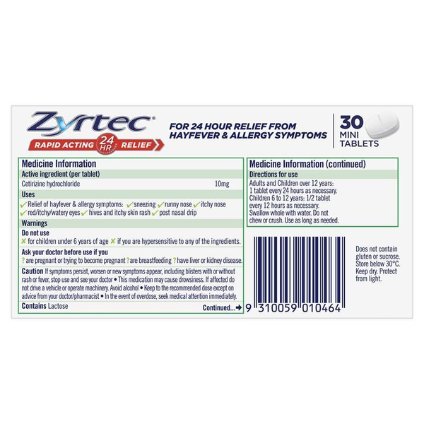 Zyrtec 10mg 30 Mini Tablets