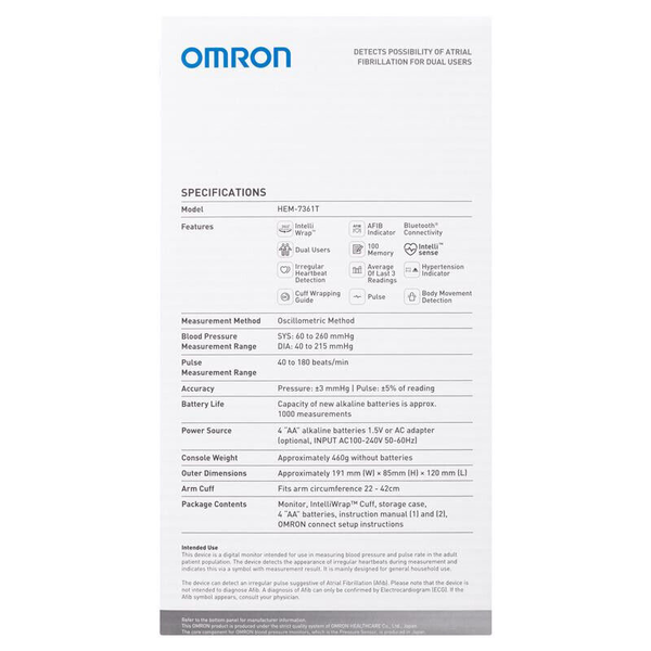 Omron HEM-7361T Blood Pressure Monitor Elite + AFIB