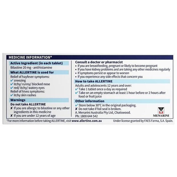 Allertine Bilastine 20mg 30 Tablets