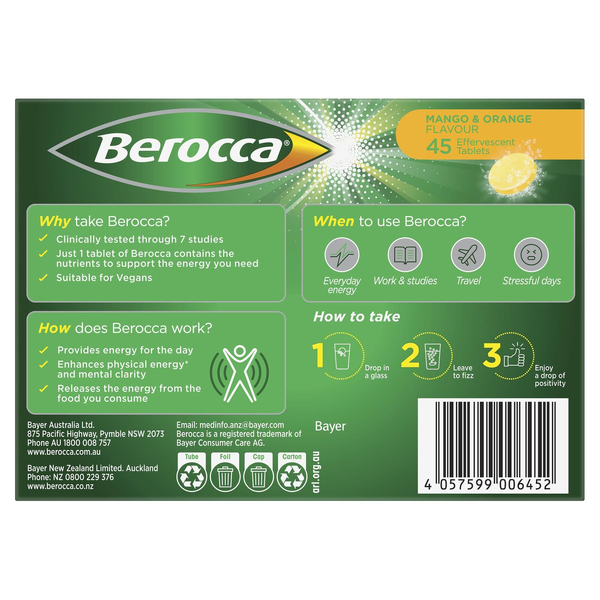 Berocca Energy Mango & Orange 45 Effervescent Tablets