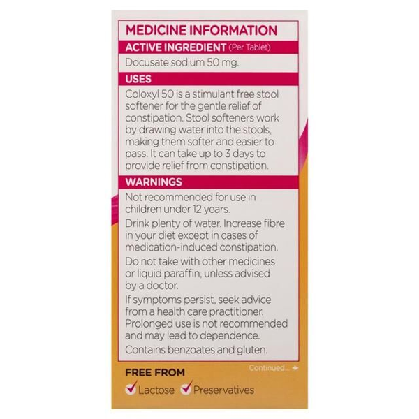 Coloxyl 50mg 100 Tablets