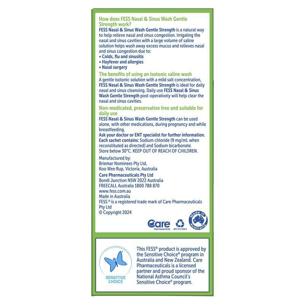 Fess Nasal & Sinus Wash Gentle Strength Saline Wash Kit 12 Sachets