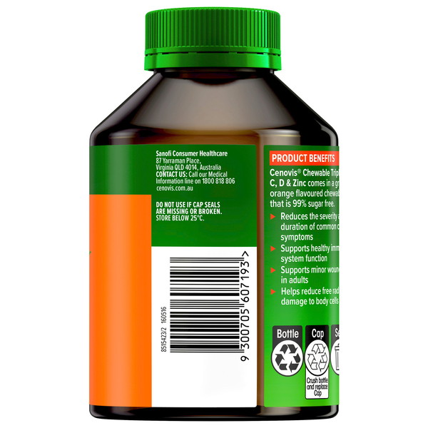 Cenovis Chewable Triple Action Vit C, D & Zinc 120 Tablets