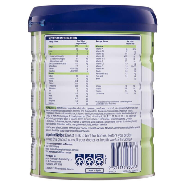 Novalac Allergy Premium Rice Based Formula 0-12 Months 800g