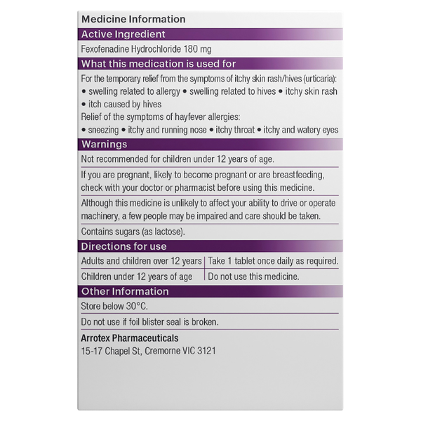 APH Fexofenadine 180 Hayfever & Allergy Relief 10 Tablets Same as Telfast