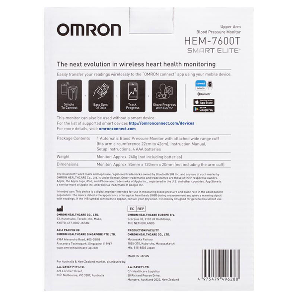 Omron HEM-7600T Upper Arm Blood Pressure Monitor Smart Elite