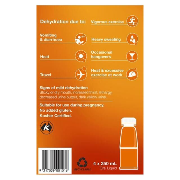 Hydralyte Ready To Use Orange 4 X 250ml Electrolyte Solution