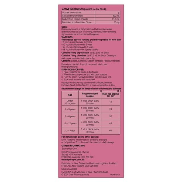 Hydralyte Watermelon Burst 16 Electrolyte Ice Blocks