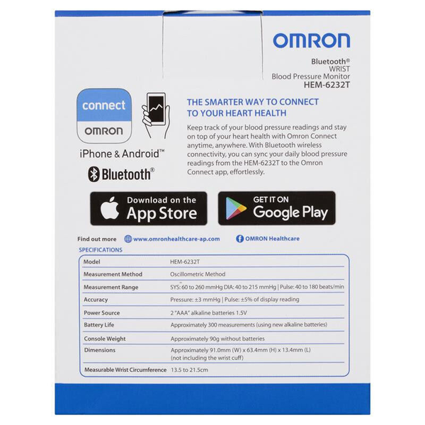 Omron HEM-6232T Bluetooth Wrist Blood Pressure Monitor