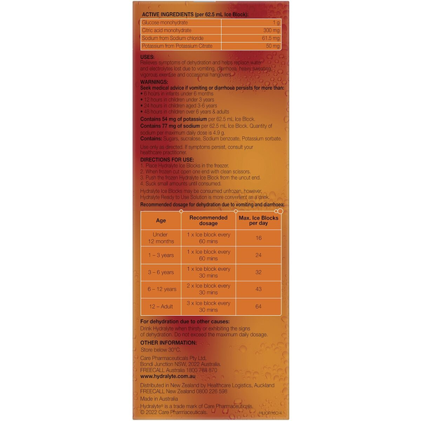 Hydralyte Orange 16 Electrolyte Ice Blocks