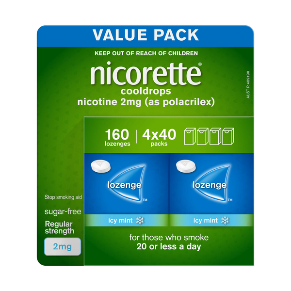 Nicorette Cooldrops Lozenge Icy Mint Regular Strength 2mg 4 x 40 (160) Lozenges