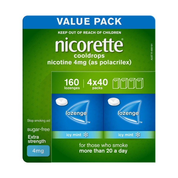 Nicorette Cooldrops Lozenge Icy Mint Extra Strength 4mg 4 x 40 (160) Lozenges