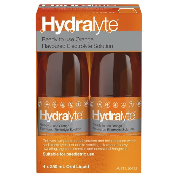Hydralyte Ready To Use Orange 4 X 250ml Electrolyte Solution