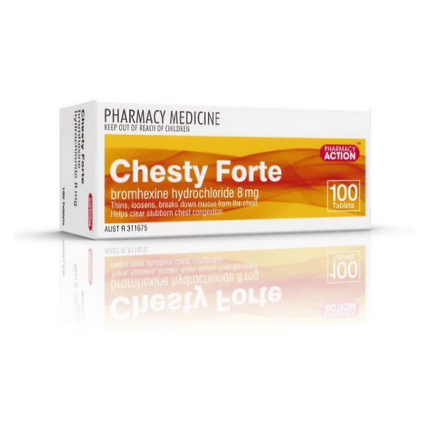 Pharmacy Action Chesty Forte 8mg 100 Tablets Same as Bisolvon Chesty Forte