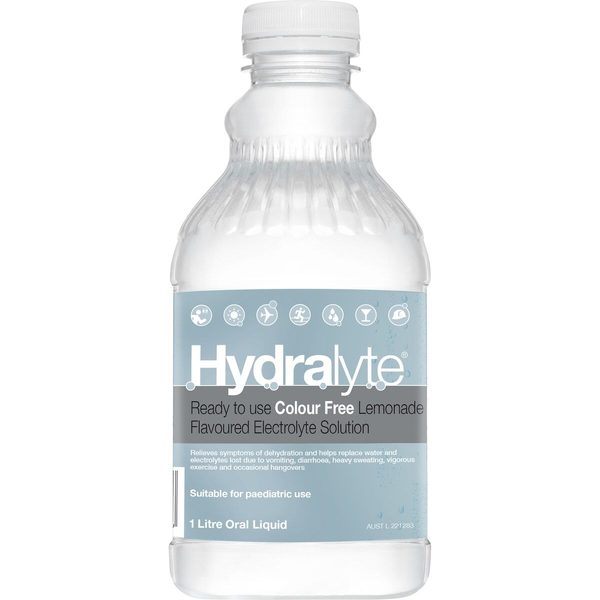 Hydralyte Ready To Use Colour Free Lemonade 1L Electrolyte Solution
