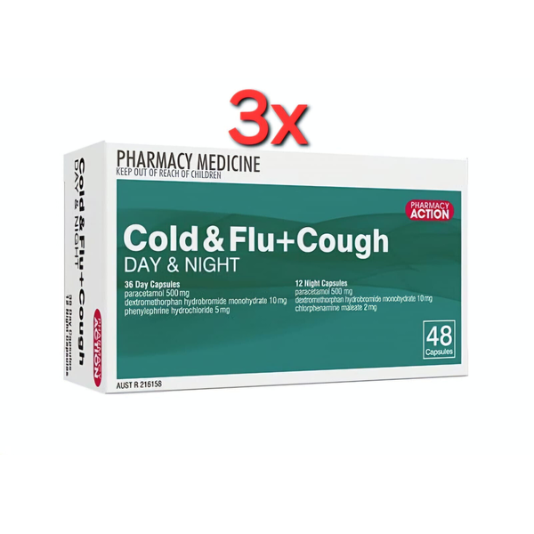 Pharmacy Action Cold &amp; Flu + Cough 144 Caps Same as Codral Day/Night + Cough